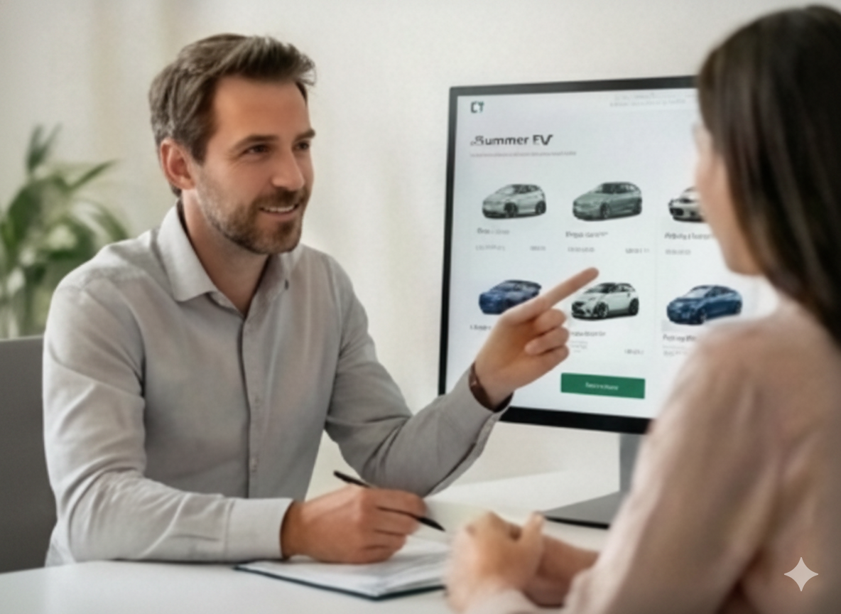 Consultant présentant des modèles de véhicules électriques à un client
